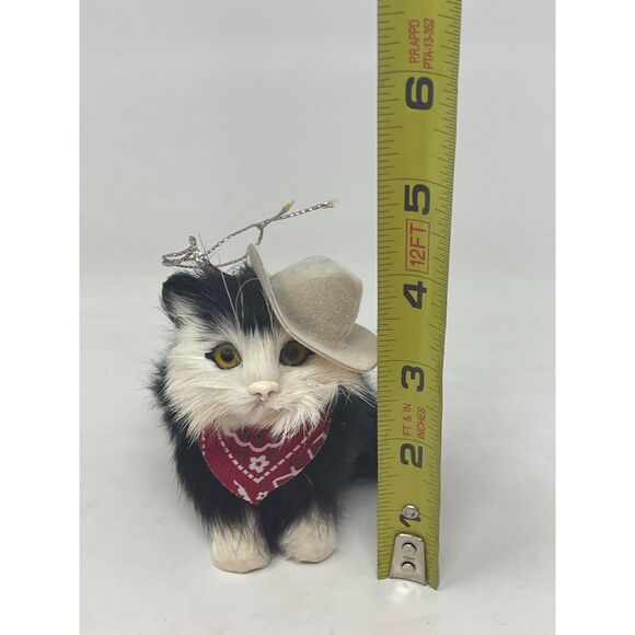 Vintage Miniature Cat W/Cowboy Hat Made of Real Rabbit Fur ~ Ornament Christmas - Picture 6 of 6